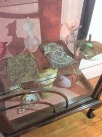 Vintage purses, perfume bottles, porcelain items