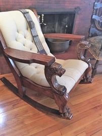 Imposing antique figural carved wood rocker