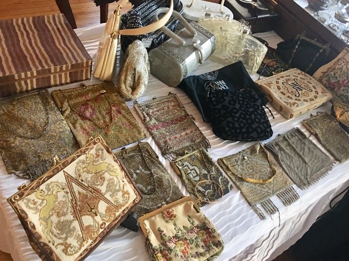 Vintage beaded purses, lucite, and fine tapestry
