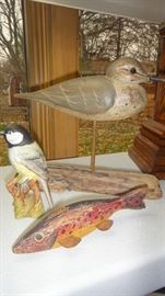 Beeswick Porcelain Bird, Vintage Wood Carved Fish