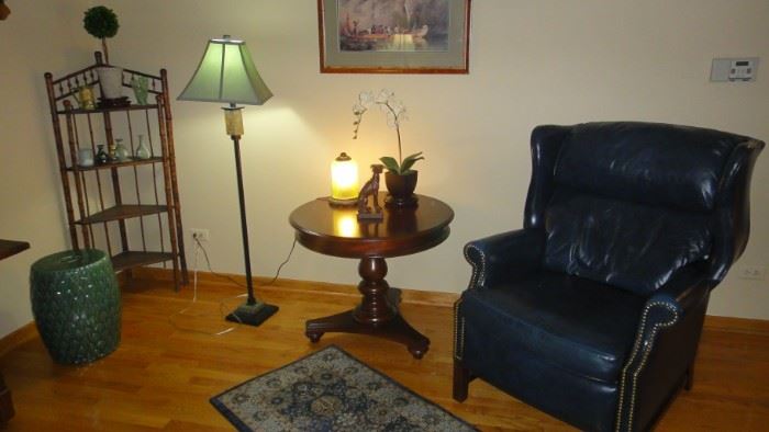 Leather Recliner, Sherrill, Pedestal side table, Vintage Bamboo corner shelf