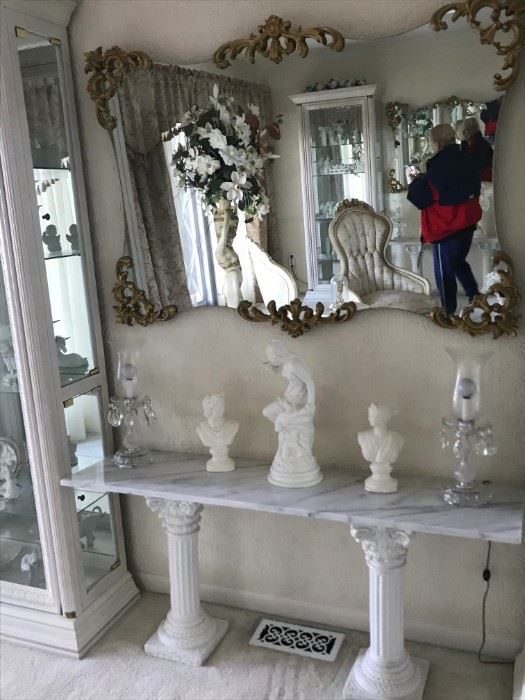 Beautiful Mirror, Marble Top Pedestals, Statues