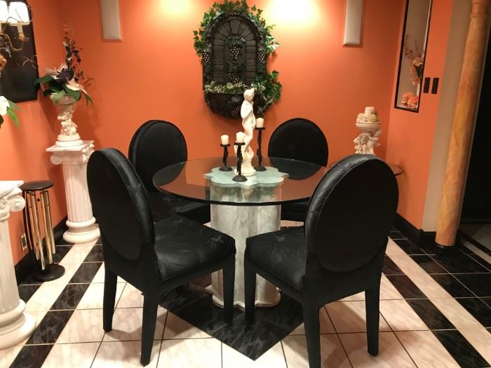 Glass Top Dining Table, 4 Black Chairs, Statues
