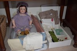 ANTIQUE DOLL, VINTAGE LINENS