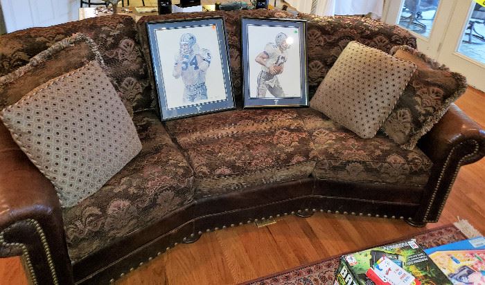 Leather/Fabric nail head sofa, pillows, framed Dallas Cowboy prints