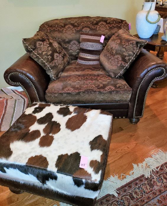Chair and a half, leather & fabric, cow hide square ottoman