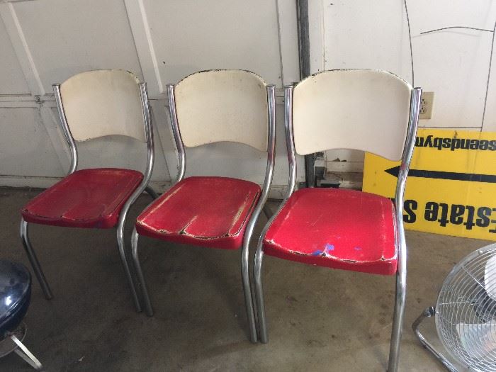 #74 (3) Vintage Red/Cream Metal Dining Chairs $30 each $90.00