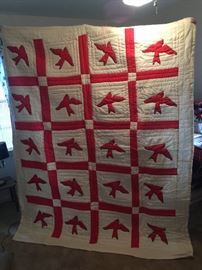 #76 1962 Red Bird Twin Hand-quilted Quilt $50.00