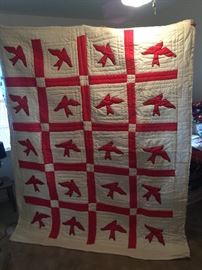 #76 1962 Red Bird Twin Hand-quilted Quilt $50.00
