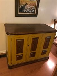 #11 wood top and yellow bar cabinet w flip top and doors 42x21x32 $225.00