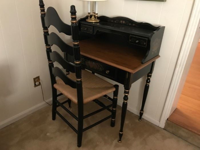 #16 ethan Allen wood top & black/gold print desk w3 drawers and shelf & chair 32x18x42 $175.00