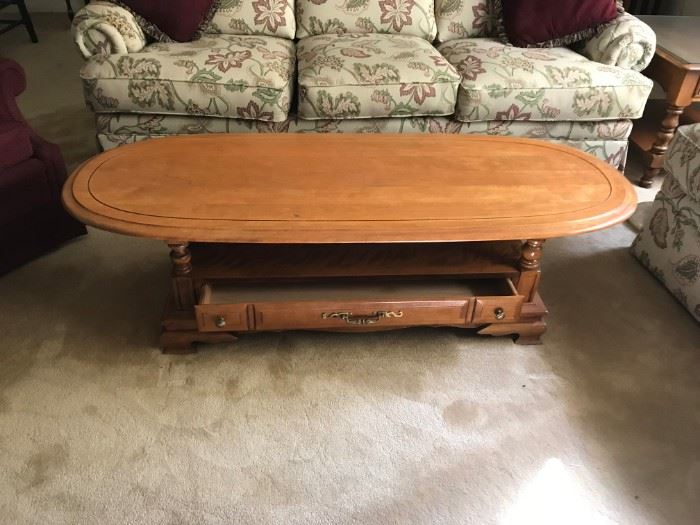 #19 maple coffee table w 1 drawer oval 59x24x16 (would be great for tv stand $65.00