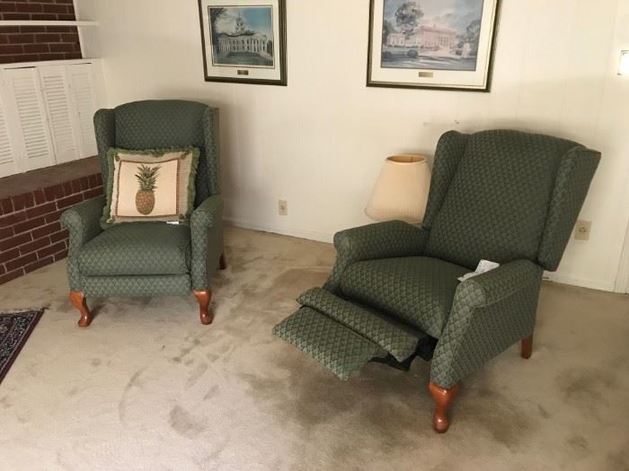 #23 (2) lazyboy green pattern wing back recliners $100 ea $200.00
