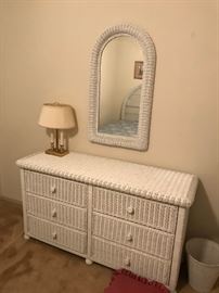 #53 white wicker dresser w mirror and 6 drawers 55x18x29 mirror21x36 $75.00