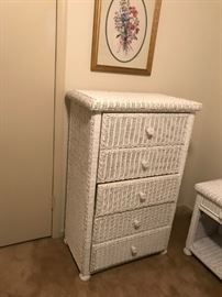 #54 white wicker chest of 5 drawers 30x19x34 $75.00