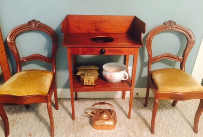 Antique Gallery Washstand and Victorian Balloon Back Chairs