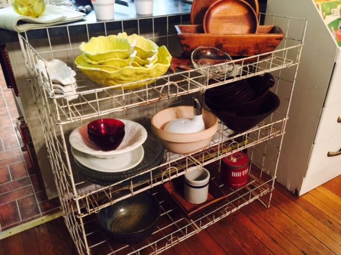 Antique Wire Rack, Crocks, Tins, Italian Pottery and Teak Bowls