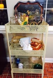 Vintage Frito's Metal Store Shelf full of Antique Enamelware, glass and Copper