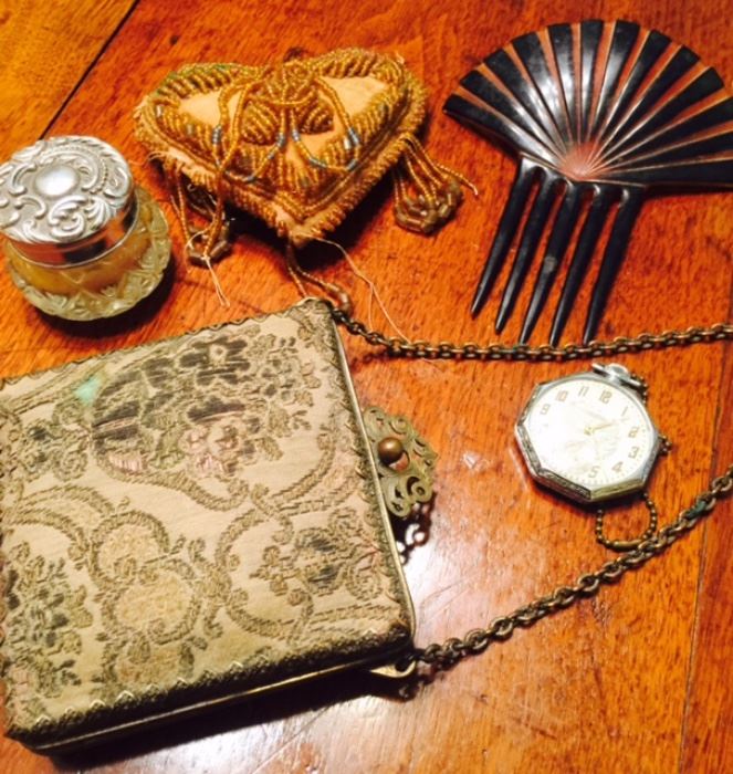 Antique Purse, Hair Comb, Pocket Watch and Victorian Beaded Heart