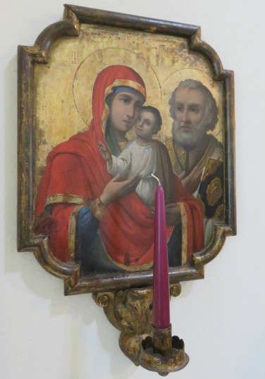 Mid 19th Century Oil on gold leaf on wooden panel, wooden frame, "The Mother of God (Umilenie) and the Evangelist Matthew" Icon