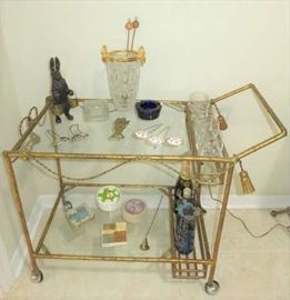 Mid Century Glass/Gilt Metal Draped Tassel Bar/Tea Cart