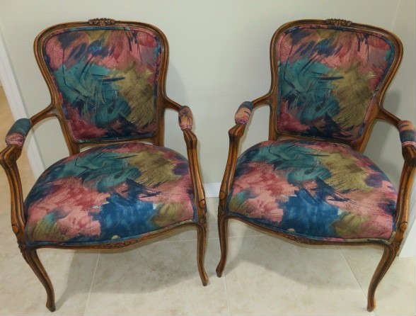 Vintage Pair Upholstered Wood Frame Arm Chairs