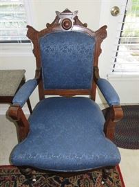Antique Blue Upholstered Eastlake Arm Chair
