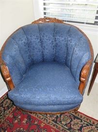 Antique Blue Upholstered Carved Wood Barrel Arm Chair