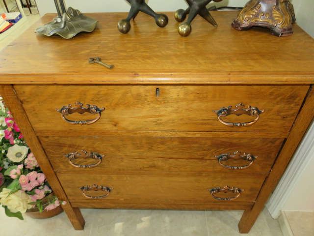 Antique Oak 3 Drawer Chest with Key