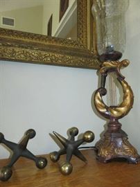 Mid Century Cast Iron Jax/Jack Bookends, Vintage Harp Table Lamp 