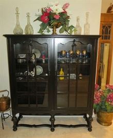 Antique English Ebony Oak Glass Door Curio Cabinet/Book Shelf