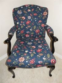 Blue Floral Upholstered Ebony Wood Arm Chair