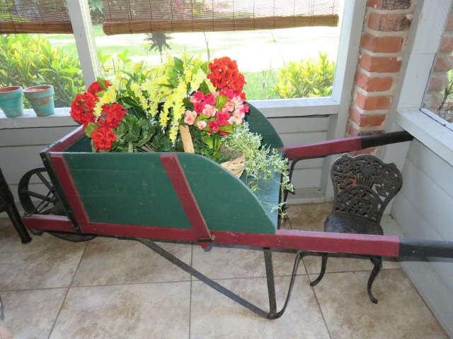 Antique Wooden Wheelbarrow Garden Cart 