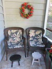 Pair Brown Wicker  Patio Chairs, Wooden Foot Stools