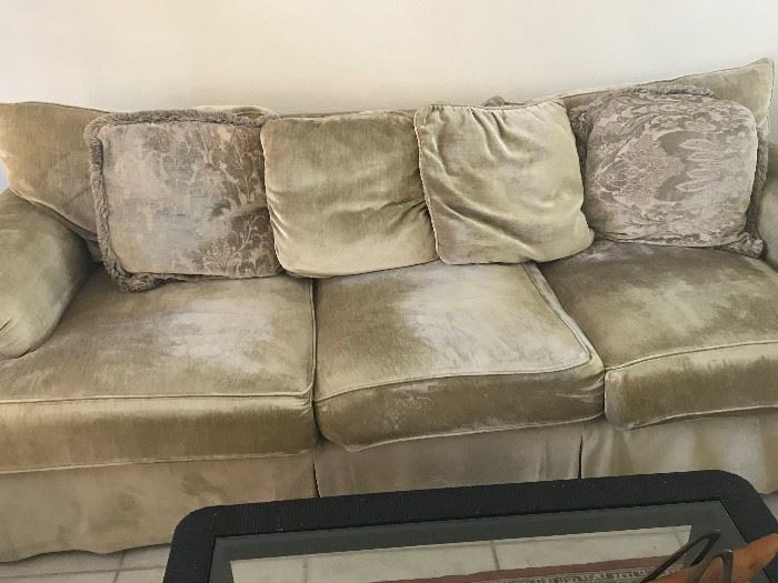 High Quality Custom Made Couch in a Lovely Gold Champagne Color in Velvet Fabric in Like New Condition