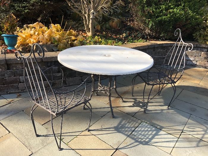 patio table, 2 wrought iron chairs