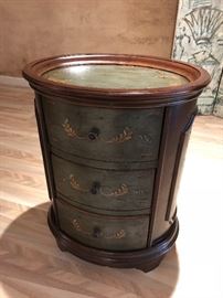 Wooden hand-painted drum table with 3 drawers