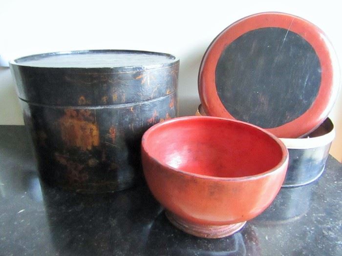 Burmese lacquer pots and bowls