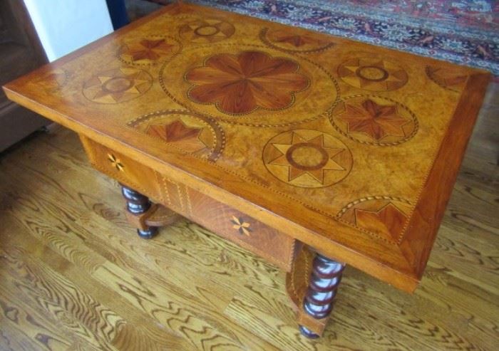 Inlaid wood small desk by Baker furniture with twist legs