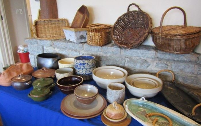 Crocks, yellow ware and baskets