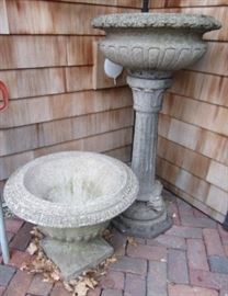 Cement urns and bird bath