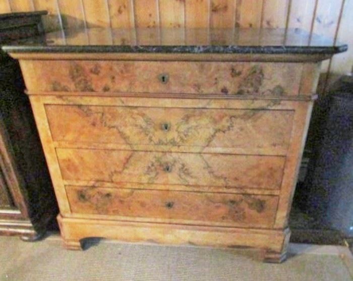 Burled cabinet with marble top