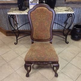 The elegance of Mediterranean style with the warm essence of the Islands resonate through the Casa Cristina Collection by Pulaski to create beautiful, livable furniture designed for today's lifestyle.
Carved apron & Carved legs; Table Comes w/ 6 Matching Chairs & 2 18"W Leafs; Made by Pulaski; Chair Measurements: 26"W x 23"D x 48"H; $700; Retails @ $1,100; ref #: 19943