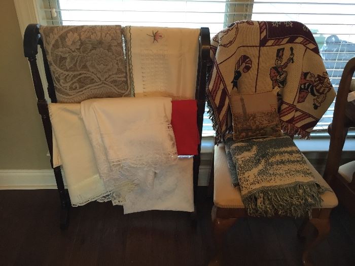 Linens - tablecloths, throws and more on quilt rack