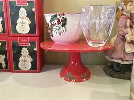 Christmas cake plate pedestal, crystal glass and set of bowls.