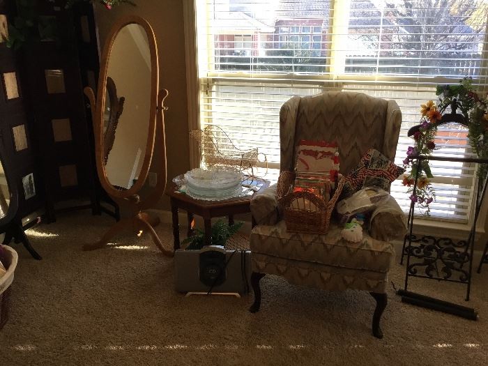 Queen Anne chair - small table - stand mirror
