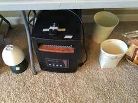 Lamp, heater, wastebaskets