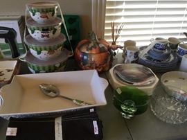 Christmas bowls with lids , pumpkin, various other sweet items.