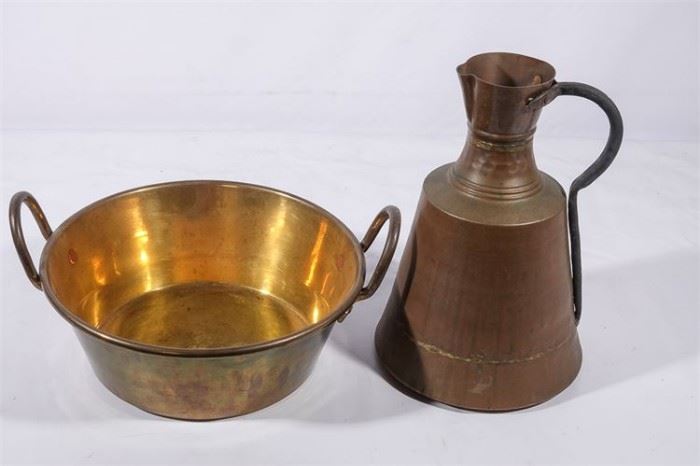 43. Antique Copper Pitcher and Brass When Handled Bowl