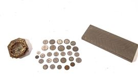 72. Vintage Brass Compass, Coins and Box